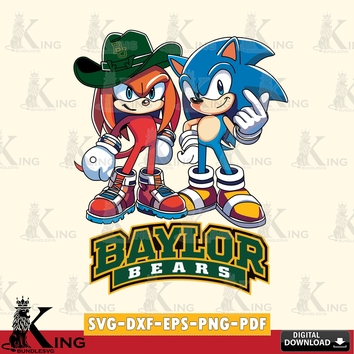 Modern graphic depicting Baylor Bears Sonic & Knuckles football mascot crafting file for iron-on transfer and vinyl decals.