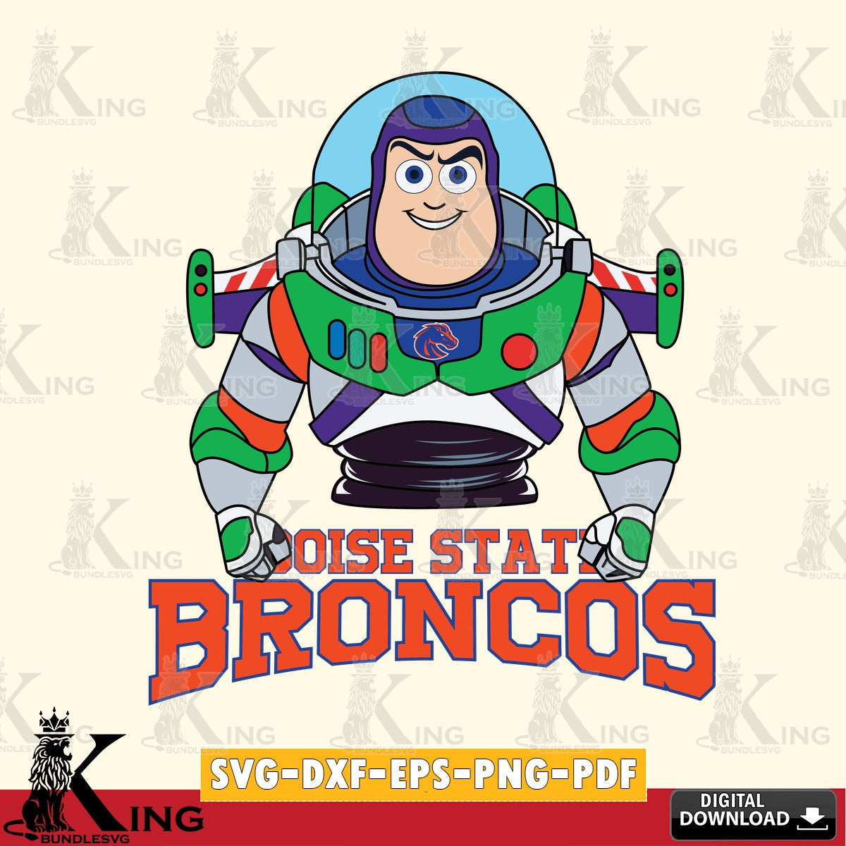 Modern graphic depicting Boise State Broncos Buzz Lightyear Football, a printable vector design for sublimation and crafts