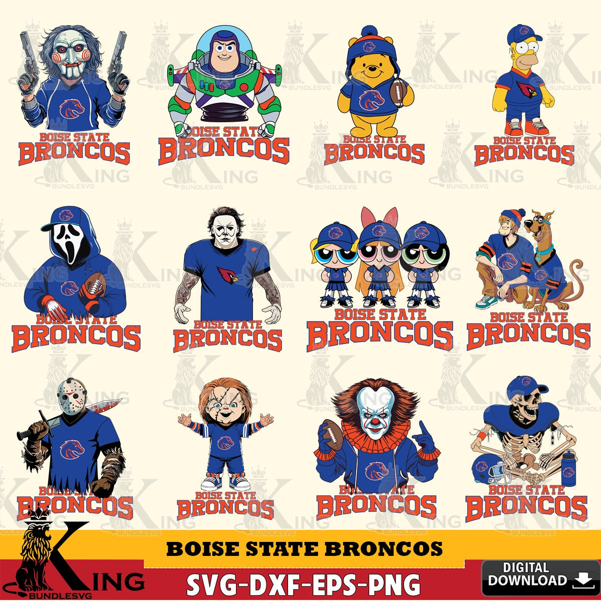 Giant set featuring Boise State Broncos Cartoon Football NCAA Bundle, a printable vector design for sublimation and crafts