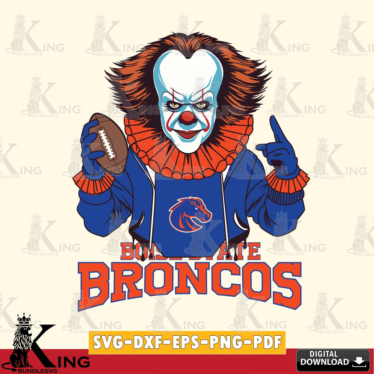 Detailed illustration of Boise State Broncos Pennywise football player, NCAA file cut, SVG PNG files perfect for Cricut and