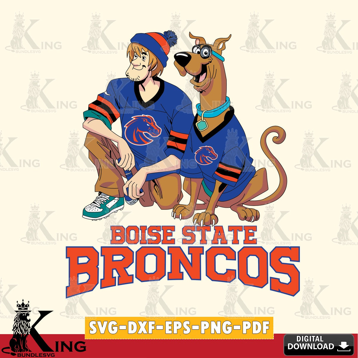 Modern graphic depicting Boise State Broncos Shaggy and Scooby Doo football, a digital download for Cricut Maker and paper crafts.