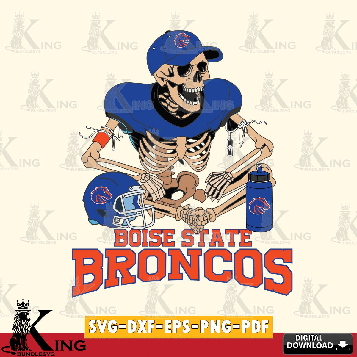 Artistic drawing of a Boise State Broncos Skeleton Player Football NCAA cut file SVG PNG design suitable for Glowforge and laser