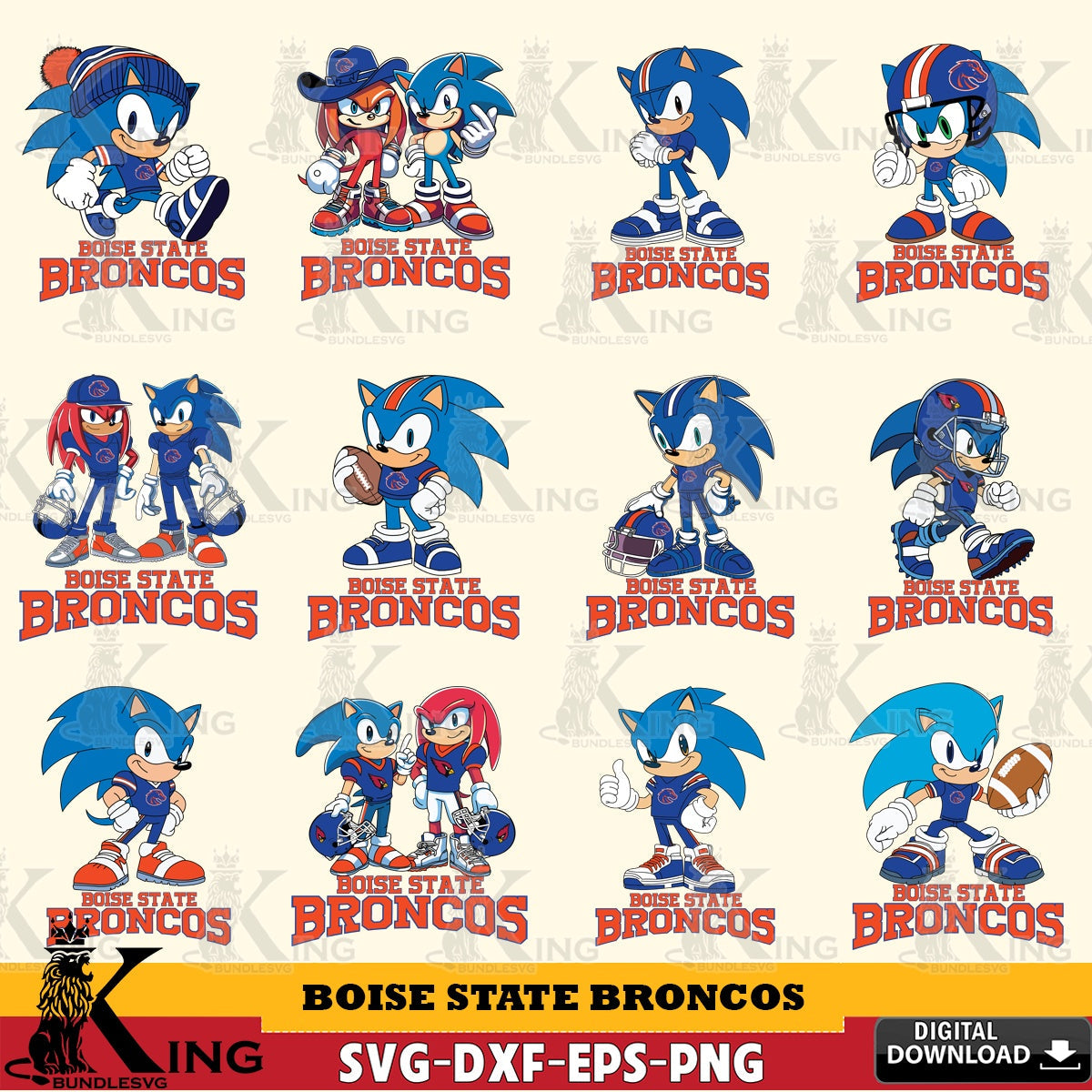 All-in-one bundle of Boise State Broncos Sonic & Knuckles NCAA Football digital file for silhouette cameo and cricut projects