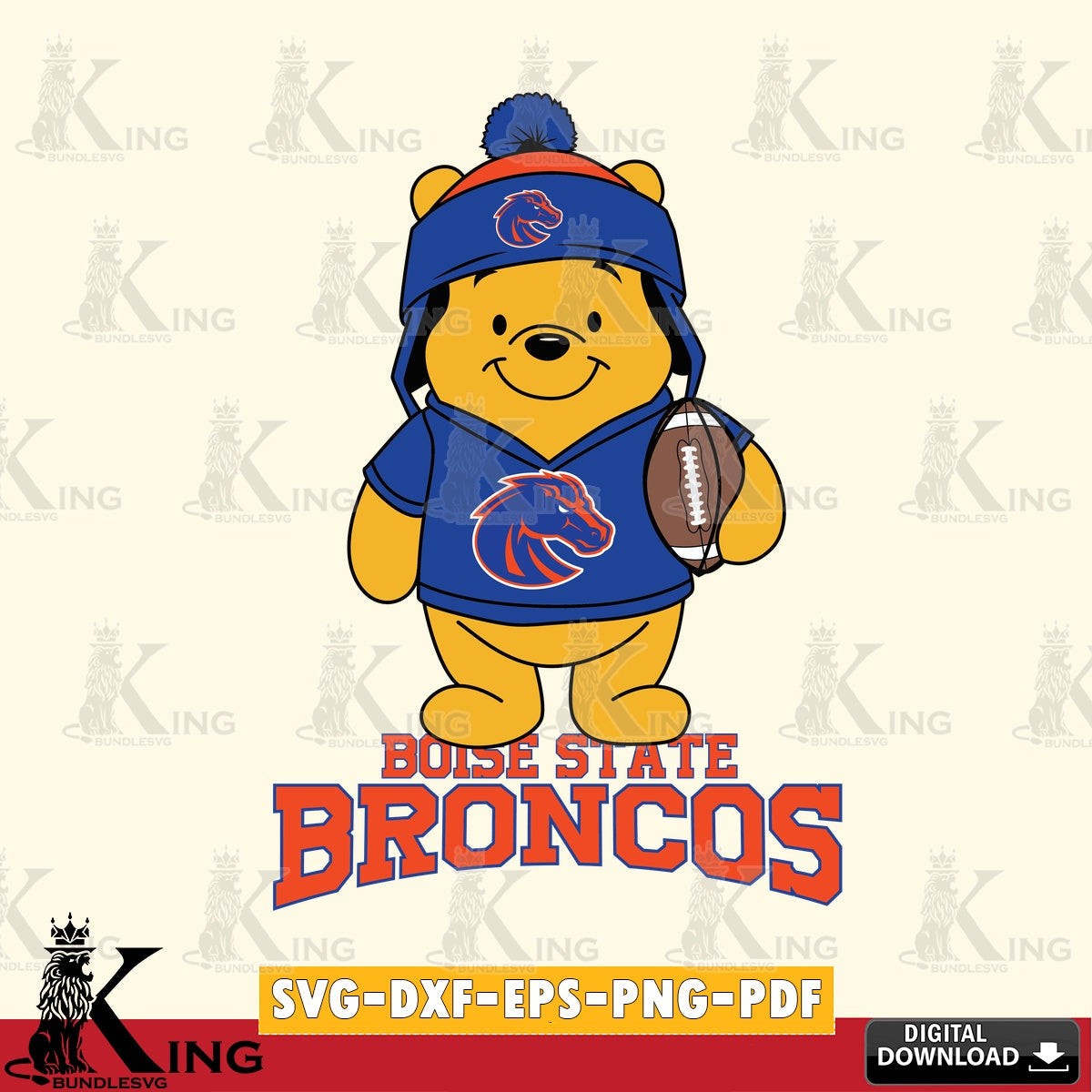 High-quality graphic of a Boise State Broncos Winnie the Pooh player football design, a crafting file for iron-on transfer and