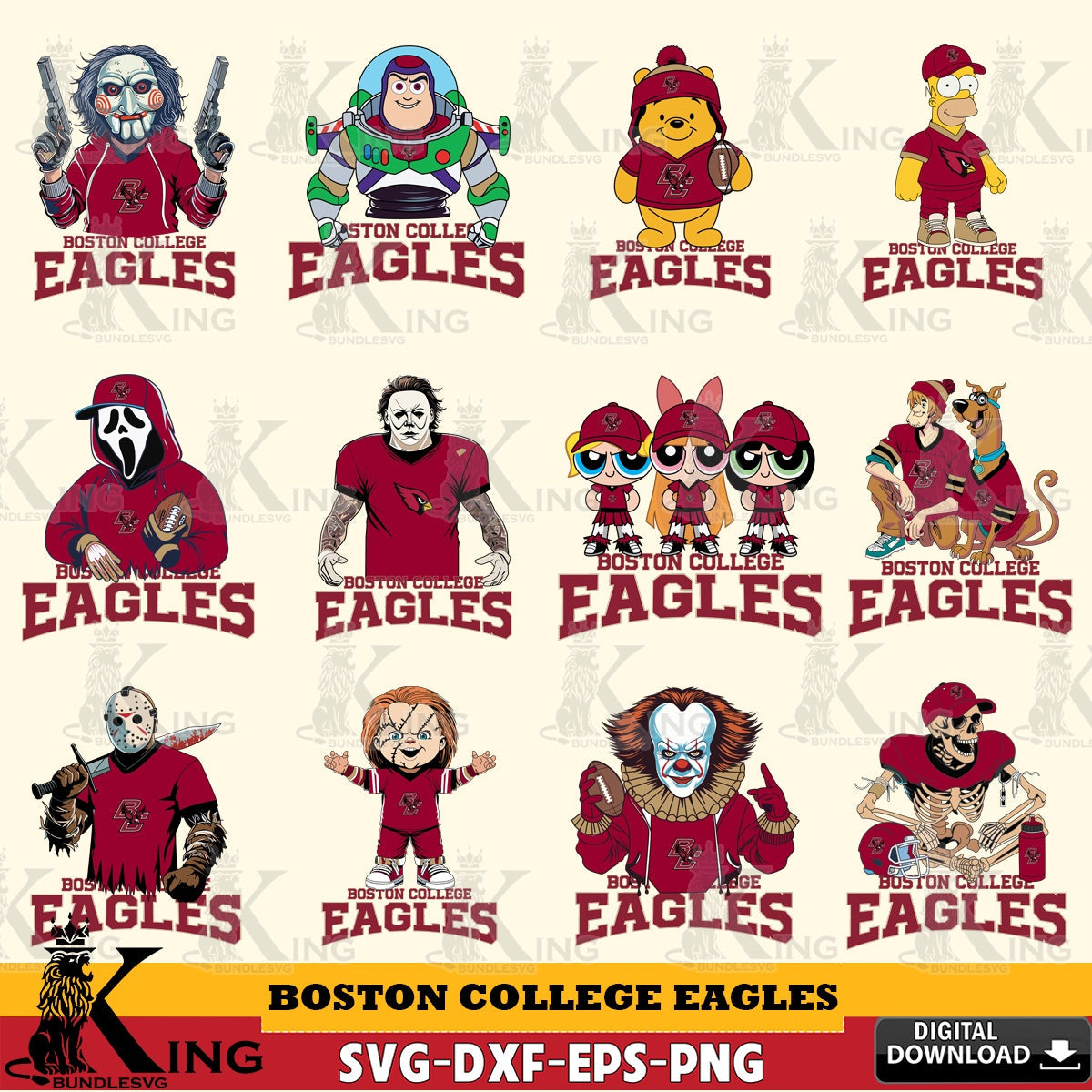Jumbo collection of Boston College Eagles Cartoon Football NCAA Bundle SVG PNG files perfect for Cricut and Silhouette cutting