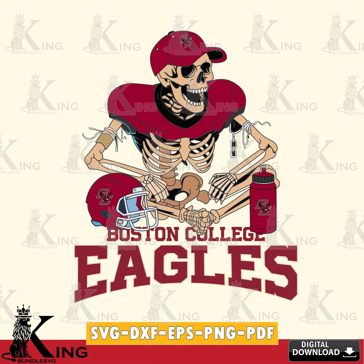 Hand-drawn style art of Boston College Eagles skeleton football player, printable vector design for sublimation and crafts