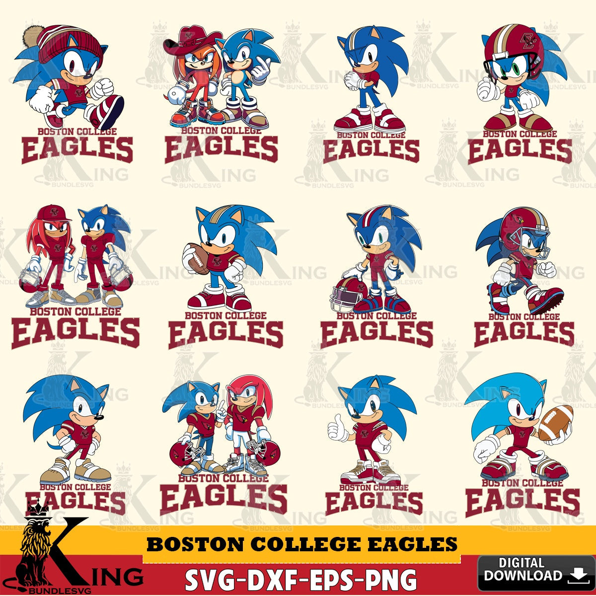 Premium pack containing Boston College Eagles Sonic & Knuckles NCAA Football Bundle SVG PNG design suitable for Glowforge and