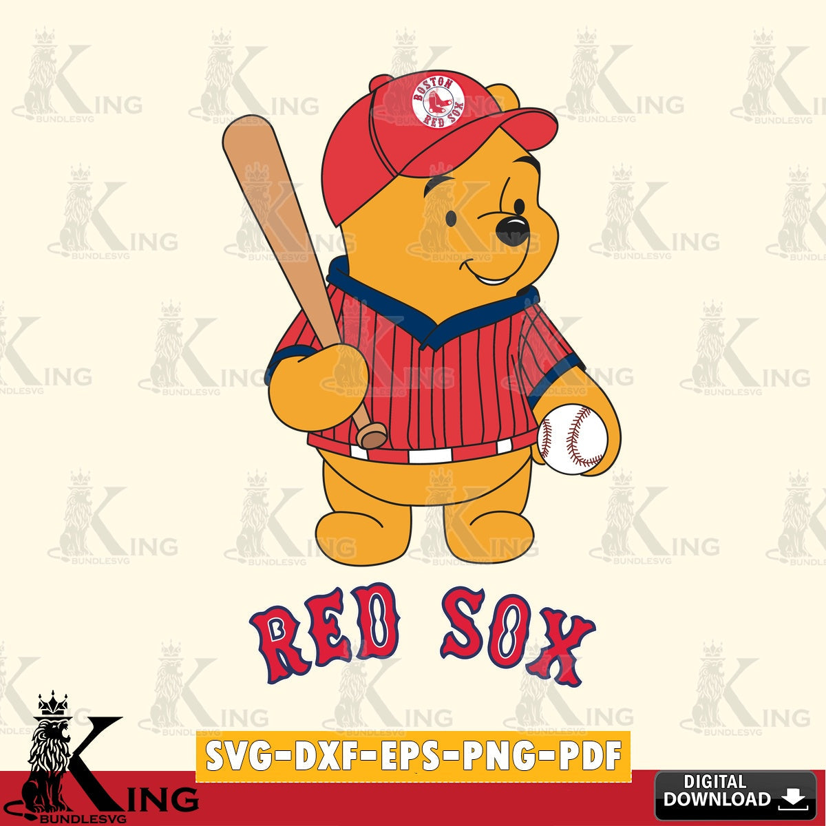High-quality graphic of Boston Red Sox baseball batter Winnie the Pooh SVG PNG design suitable for Glowforge and laser cutting