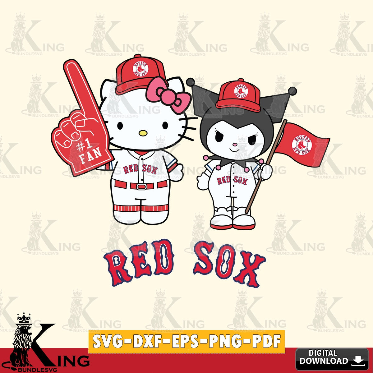 Jumbo collection of Boston Red Sox Hello Kitty Kuromi Fan Baseball, a crafting file for iron-on transfer and vinyl decals.