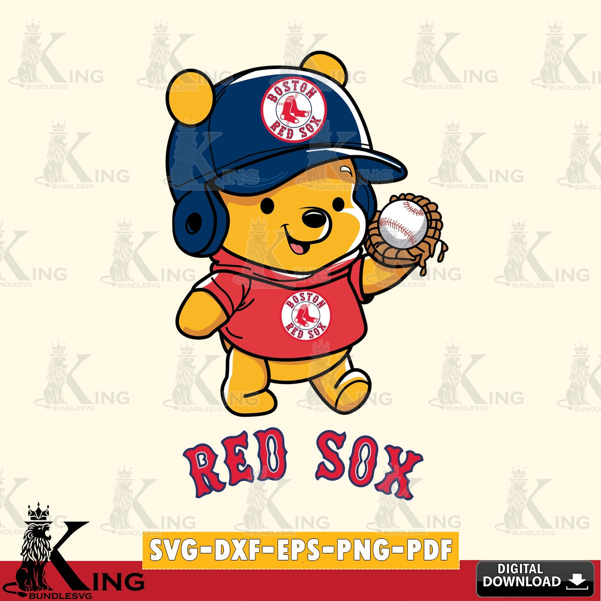 Unique artwork depicting Boston Red Sox Pooh Bear Baseball PNG clipart for sublimation printing and graphic design