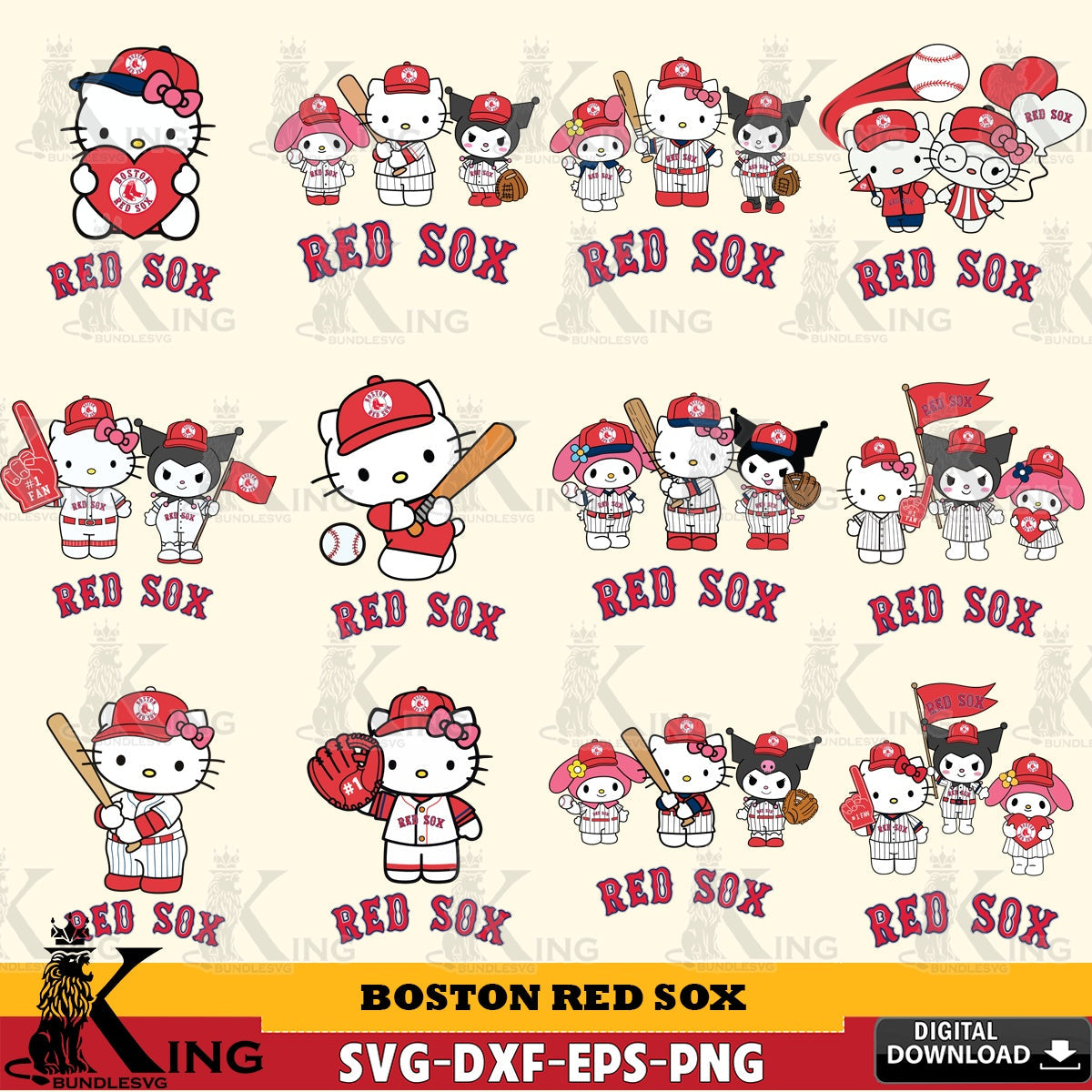 Comprehensive collection of Boston Red Sox Sanrio Squad Baseball MLB Bundle digital file for silhouette cameo and cricut projects