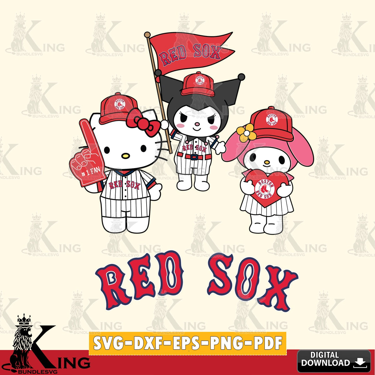 Detailed illustration of Boston Red Sox Sanrio Squad Cute, a digital file for silhouette cameo and cricut projects