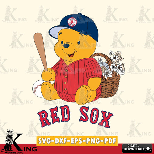 Stylish representation of Boston Red Sox Winnie the Pooh with flower baseball vector illustration for POD merchandise and apparel