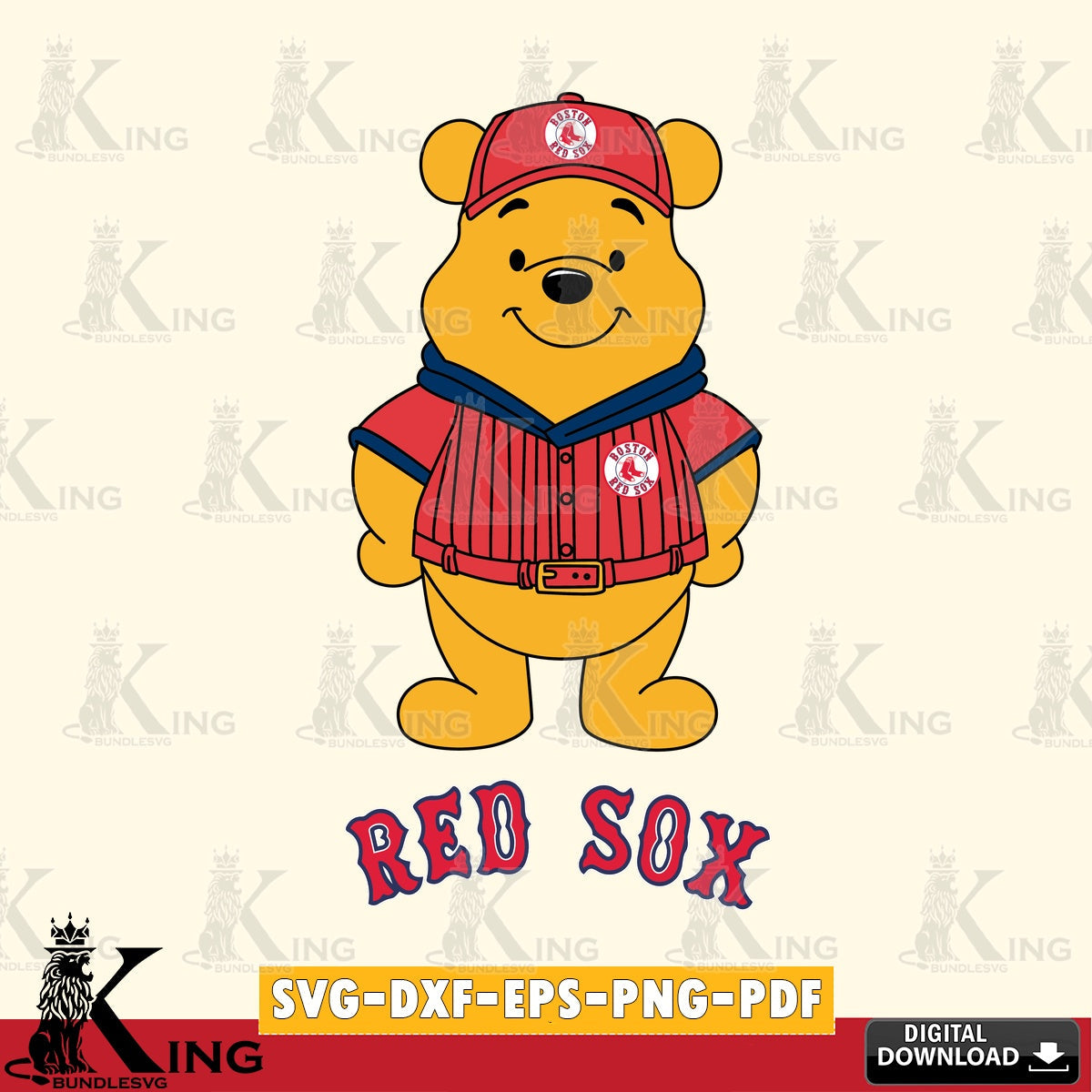 Hand-drawn style art of Boston Red Sox Winnie the Pooh Game Day, versatile clip art for stickers, decals, and mugs