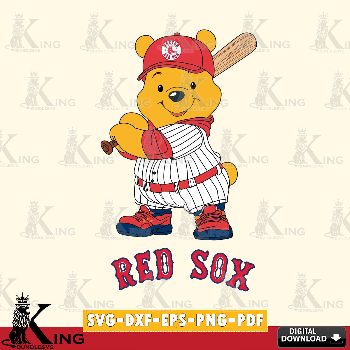 Vector design showing Boston Red Sox Winnie the Pooh player baseball SVG PNG design suitable for Glowforge and laser cutting.