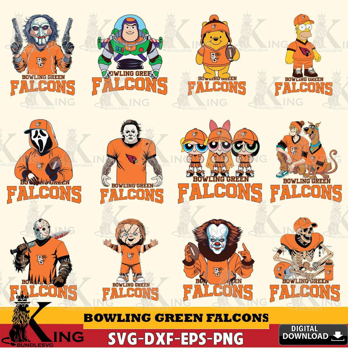 Exclusive set of Bowling Green Falcons cartoon football NCAA bundle cut file ideal for vinyl projects and T-shirt printing.