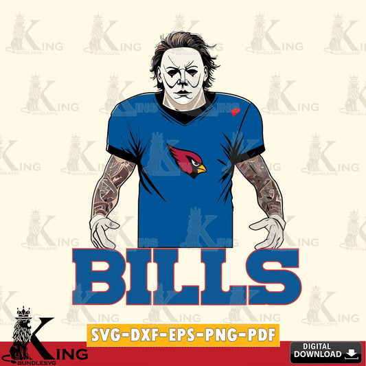 Modern graphic depicting a Buffalo Bills Michael Myers tattoo football, SVG PNG design suitable for Glowforge and laser cutting
