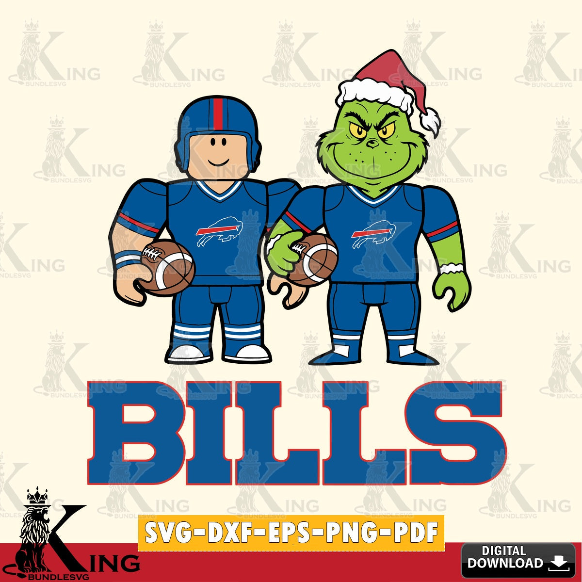 Digital download featuring Buffalo Bills Roblox & Grinch Football, NFL File cut, SVG PNG design suitable for Glowforge and laser