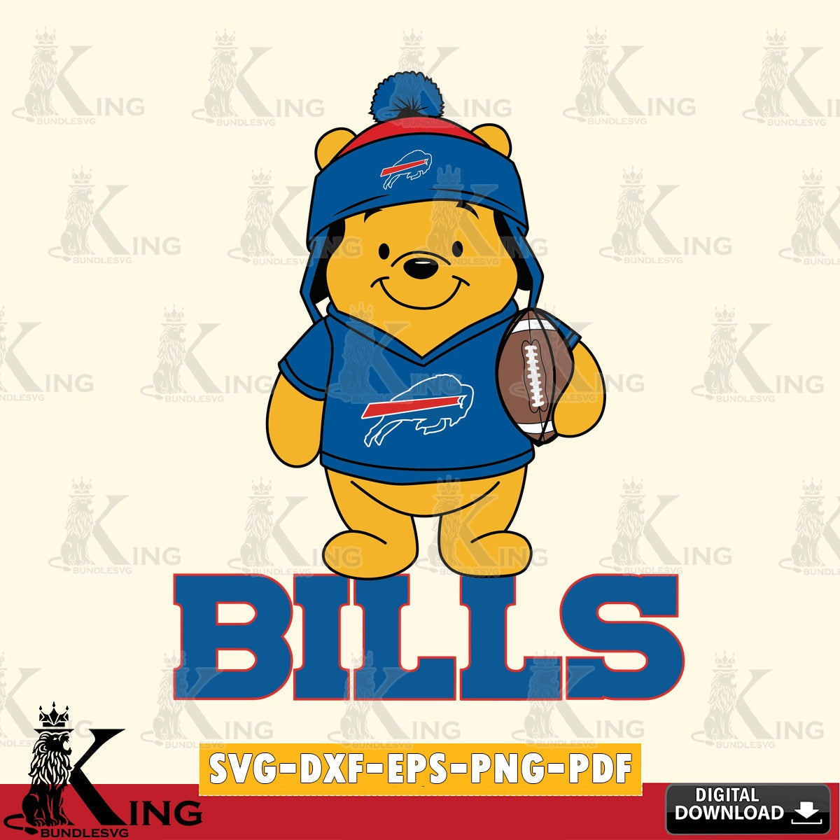 High-quality graphic of Buffalo Bills Winnie the Pooh player football, a crafting file for iron-on transfer and vinyl decals.