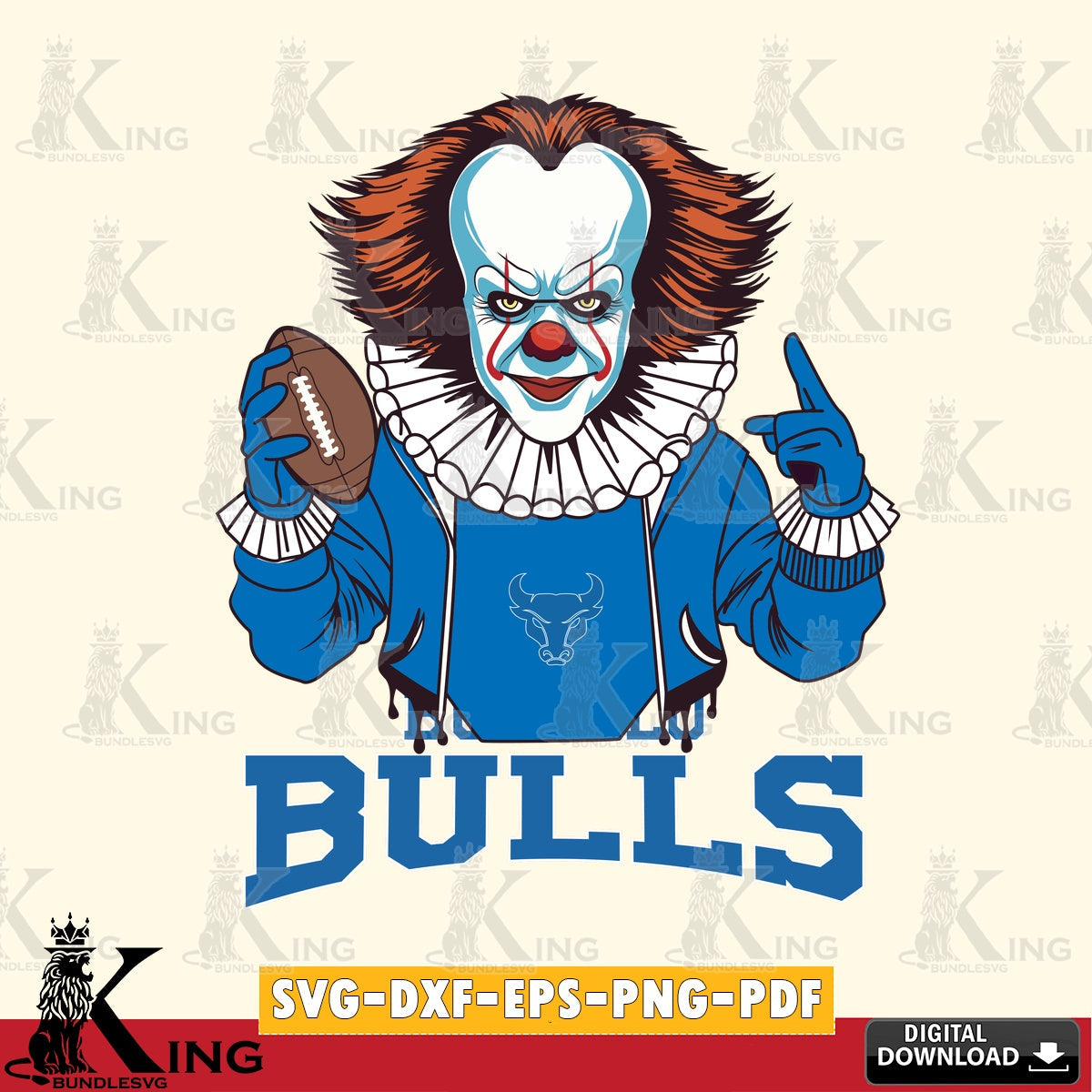 Unique artwork depicting a Buffalo Bulls Pennywise football player, a digital download for Cricut Maker and paper crafts.