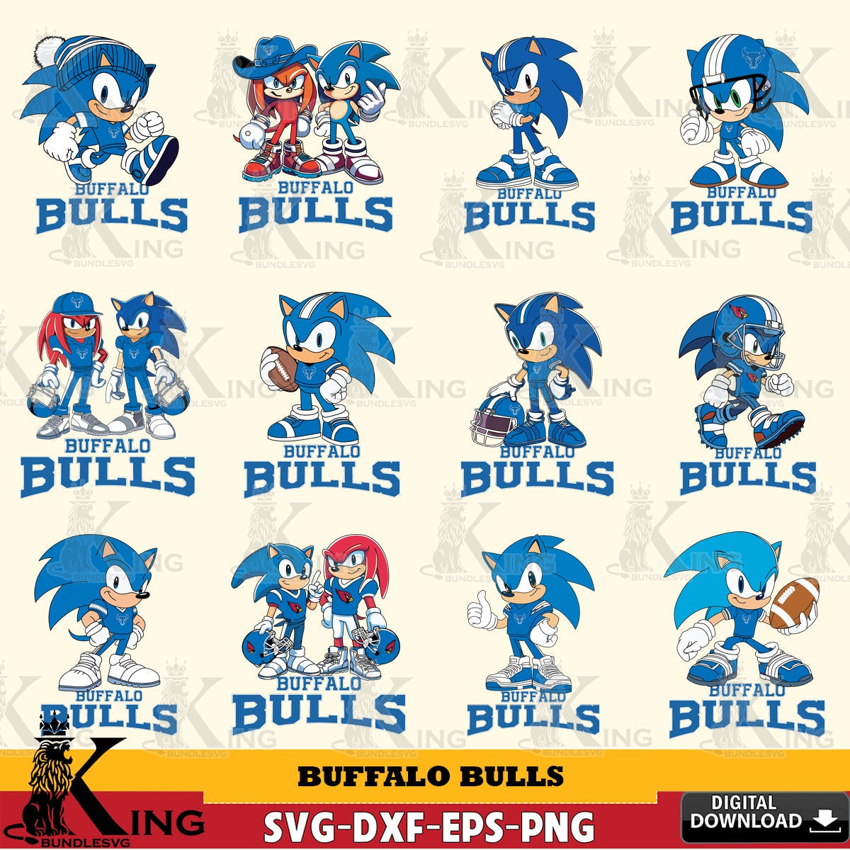Massive pack of Buffalo Bulls Sonic & Knuckles NCAA Football bundle vector art for engraving, cutting, and printing