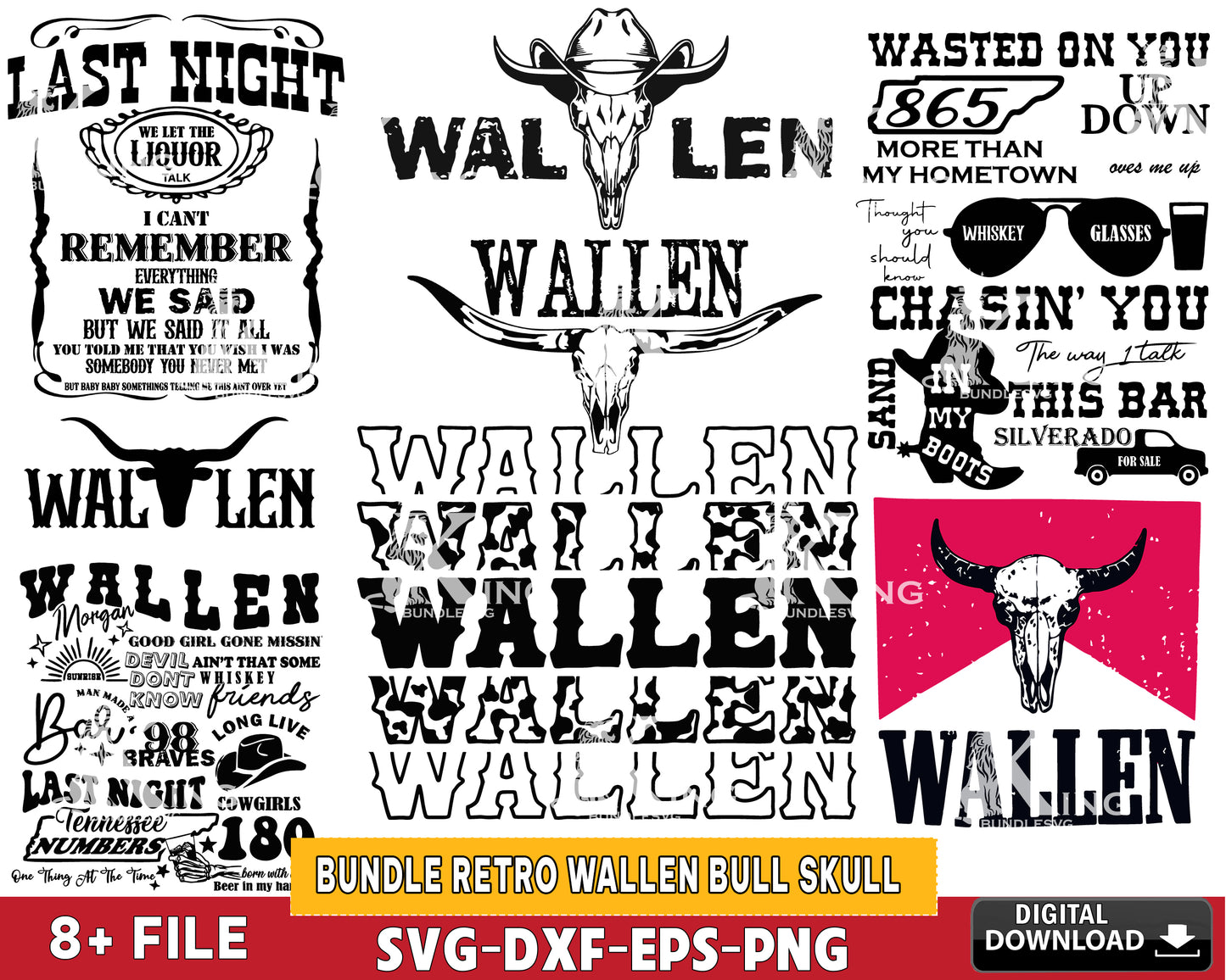 Bundle Retro Wallen Bull Skull svg , Country Western Png , Cowboy Design, Western Cowboy, Wallen SVG EPS PNG DXF , for Cricut, Silhouette, digital download, file cut