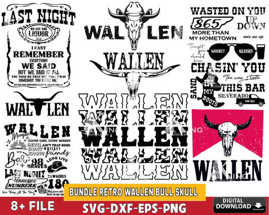 Bundle Retro Wallen Bull Skull svg , Country Western Png , Cowboy Design, Western Cowboy, Wallen SVG EPS PNG DXF , for Cricut, Silhouette, digital download, file cut