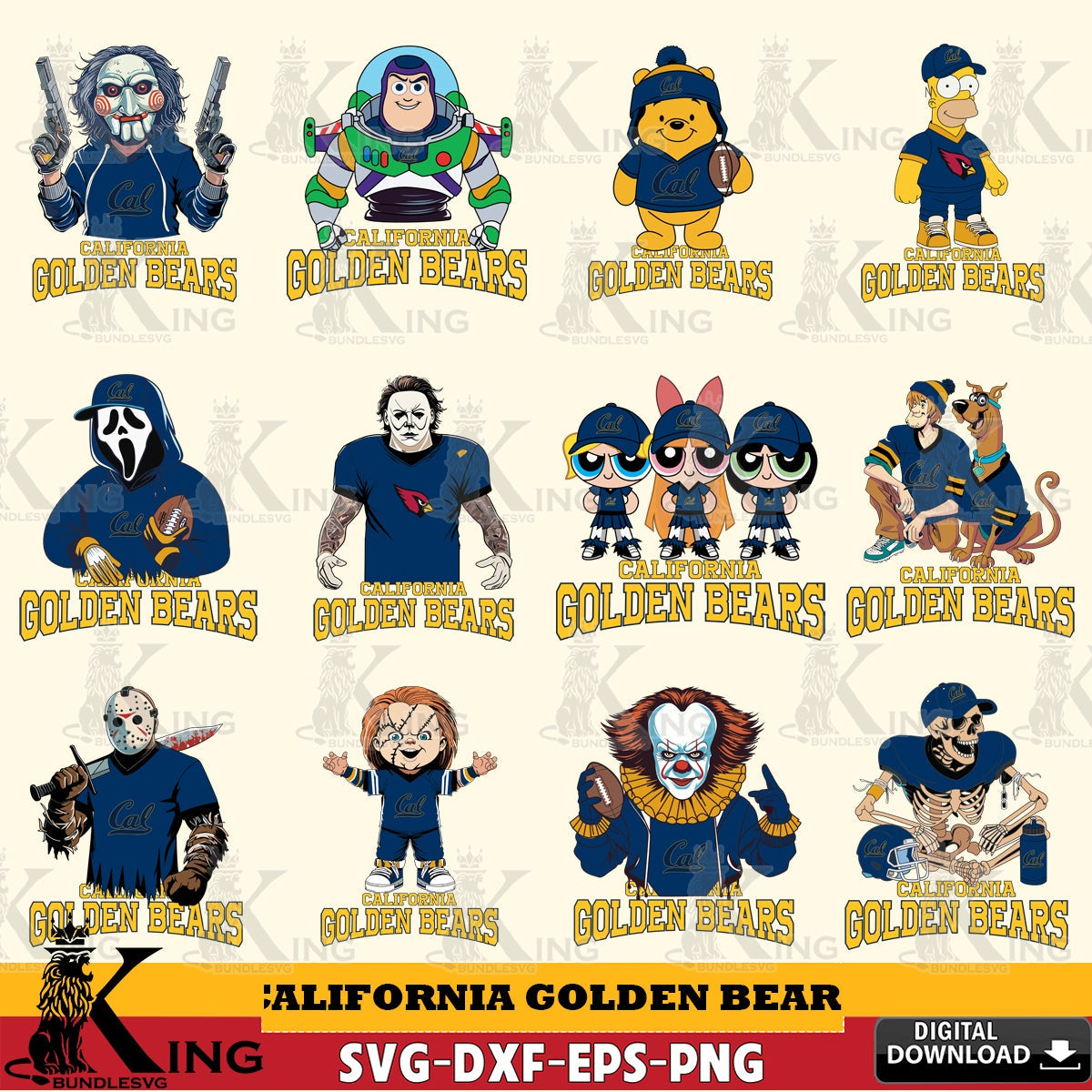 Complete bundle for California Golden Bears cartoon football NCAA crafting file for iron-on transfer and vinyl decals.