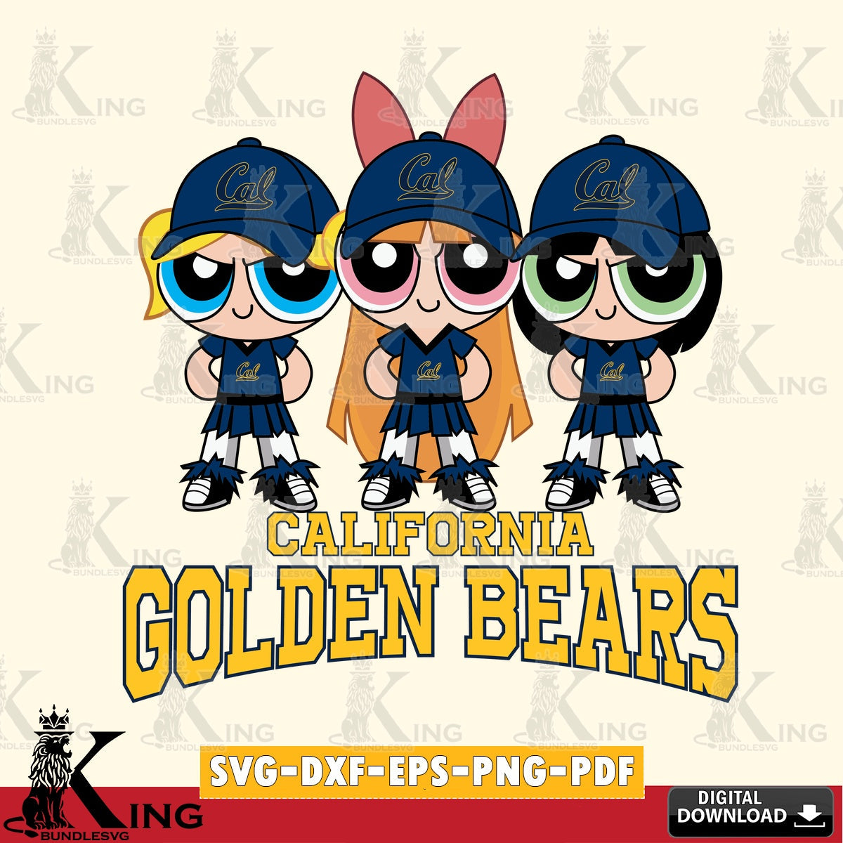 Detailed illustration of California Golden Bears PowerPuff Girls football, a digital file for silhouette cameo and cricut projects