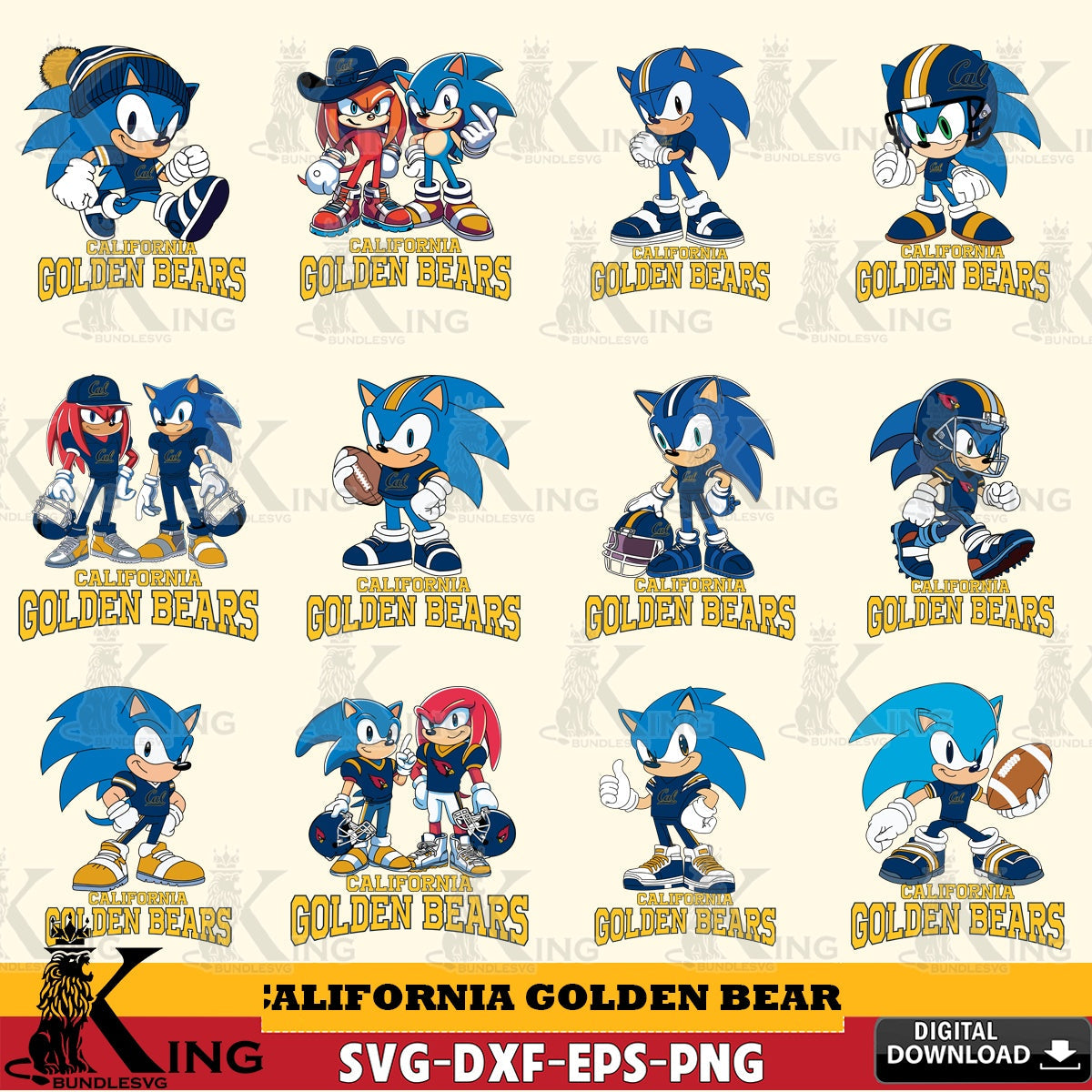 Exclusive set of California Golden Bears Sonic & Knuckles NCAA Football Bundle vector art for engraving, cutting, and printing