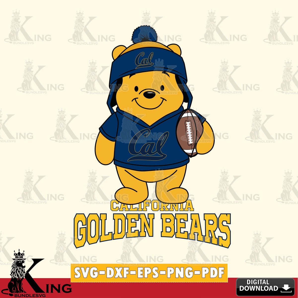 Detailed illustration of California Golden Bears Winnie the Pooh player Football, NCAA SVG PNG design suitable for Glowforge and
