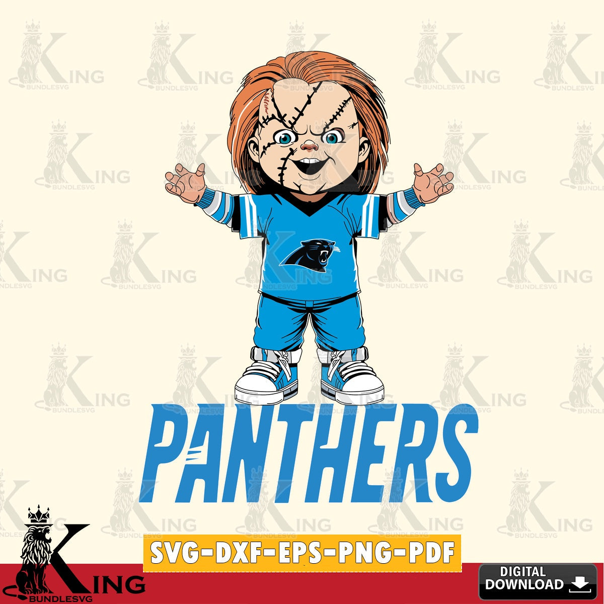 Modern graphic depicting a Carolina Panthers Chucky football, a printable vector design for sublimation and crafts.