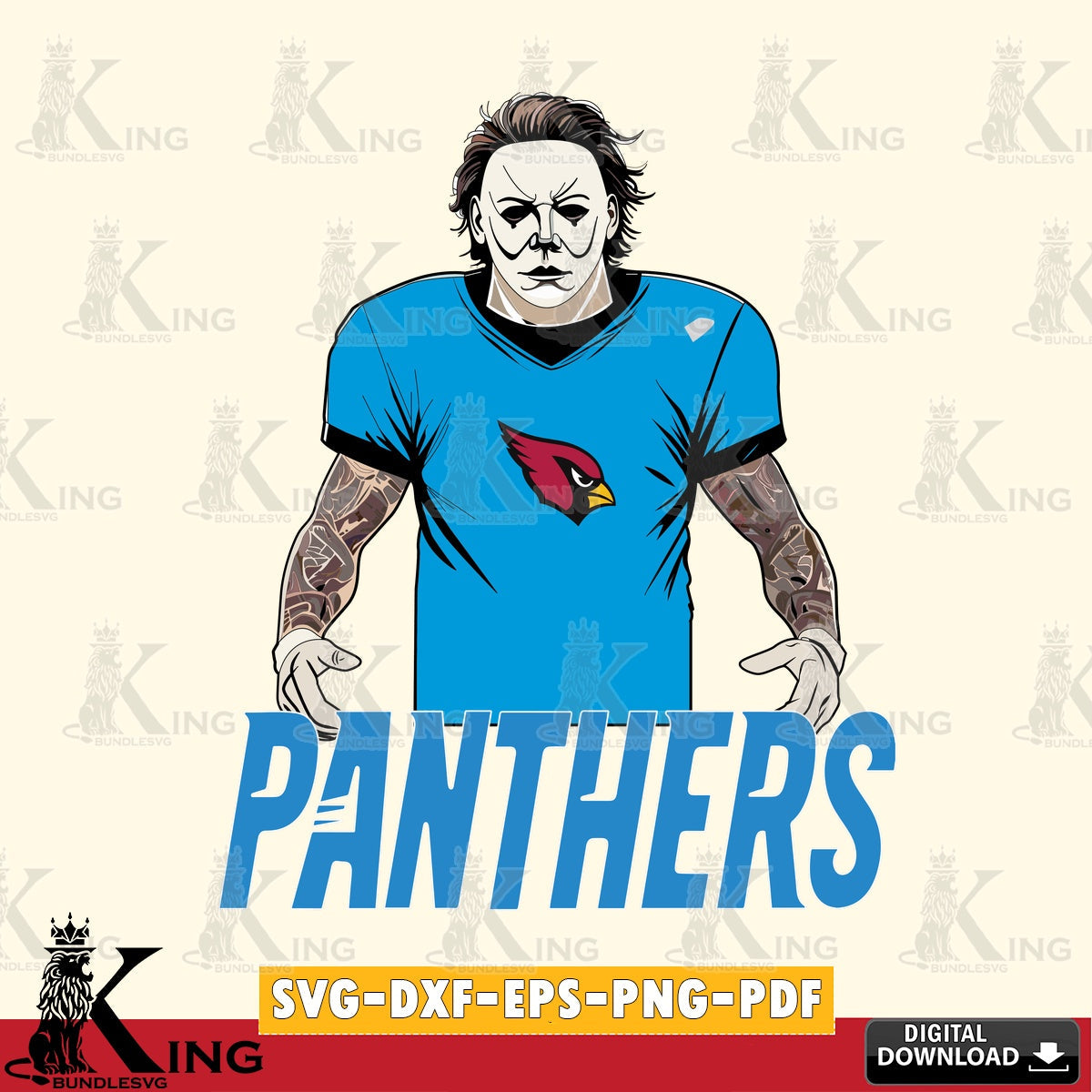 Artistic drawing of Carolina Panthers Michael Myers Tattoo Football, vector illustration for POD merchandise and apparel
