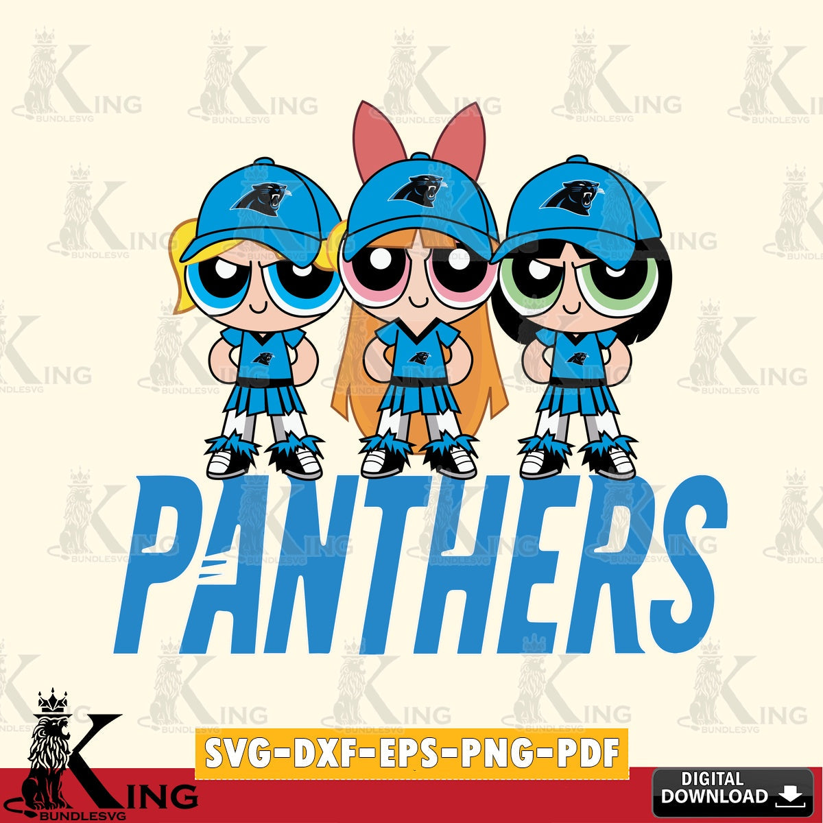 Hand-drawn style art of Carolina Panthers PowerPuff Girls Football, a digital file for silhouette cameo and cricut projects