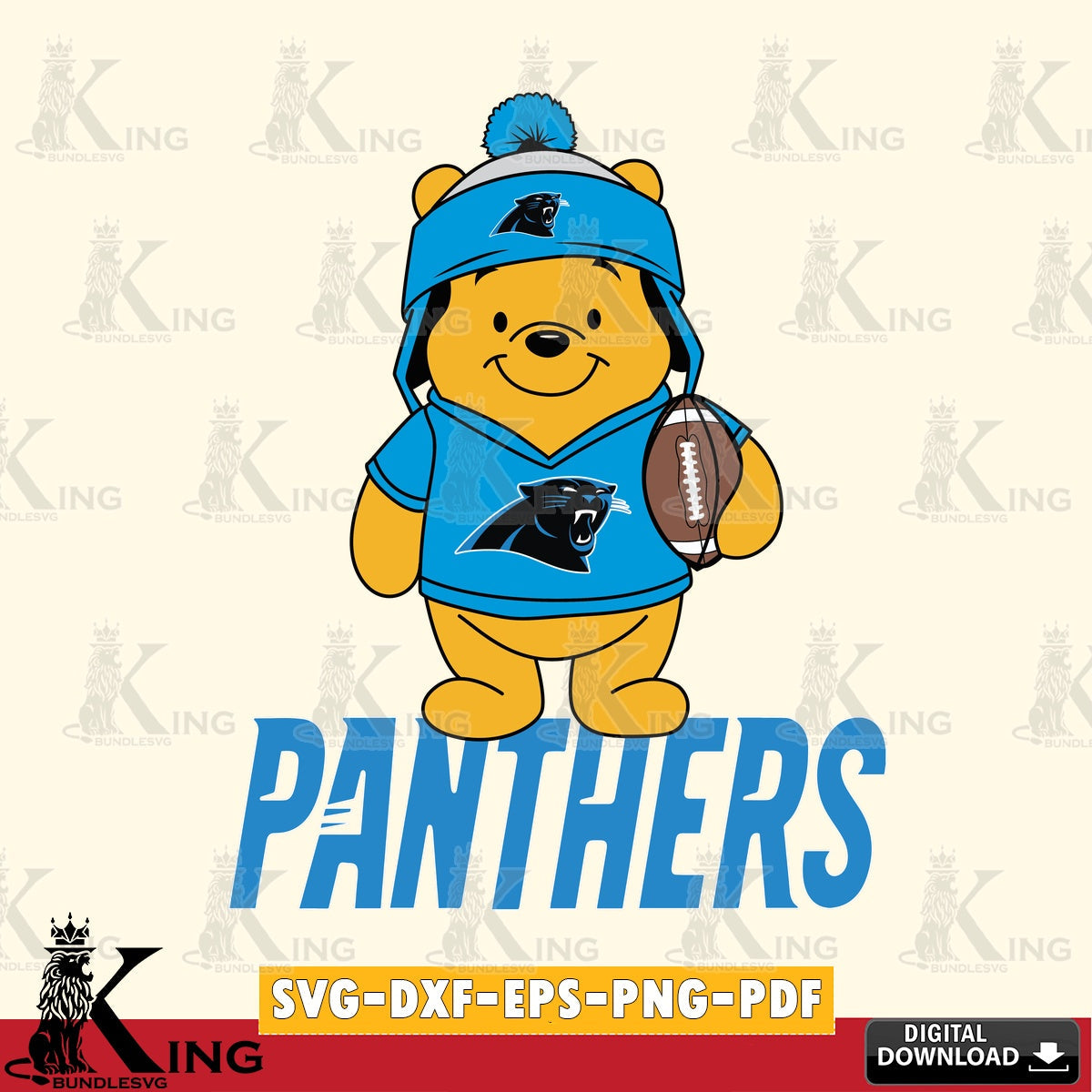 Digital clipart of Carolina Panthers Winnie the Pooh football player, printable vector design for sublimation and crafts