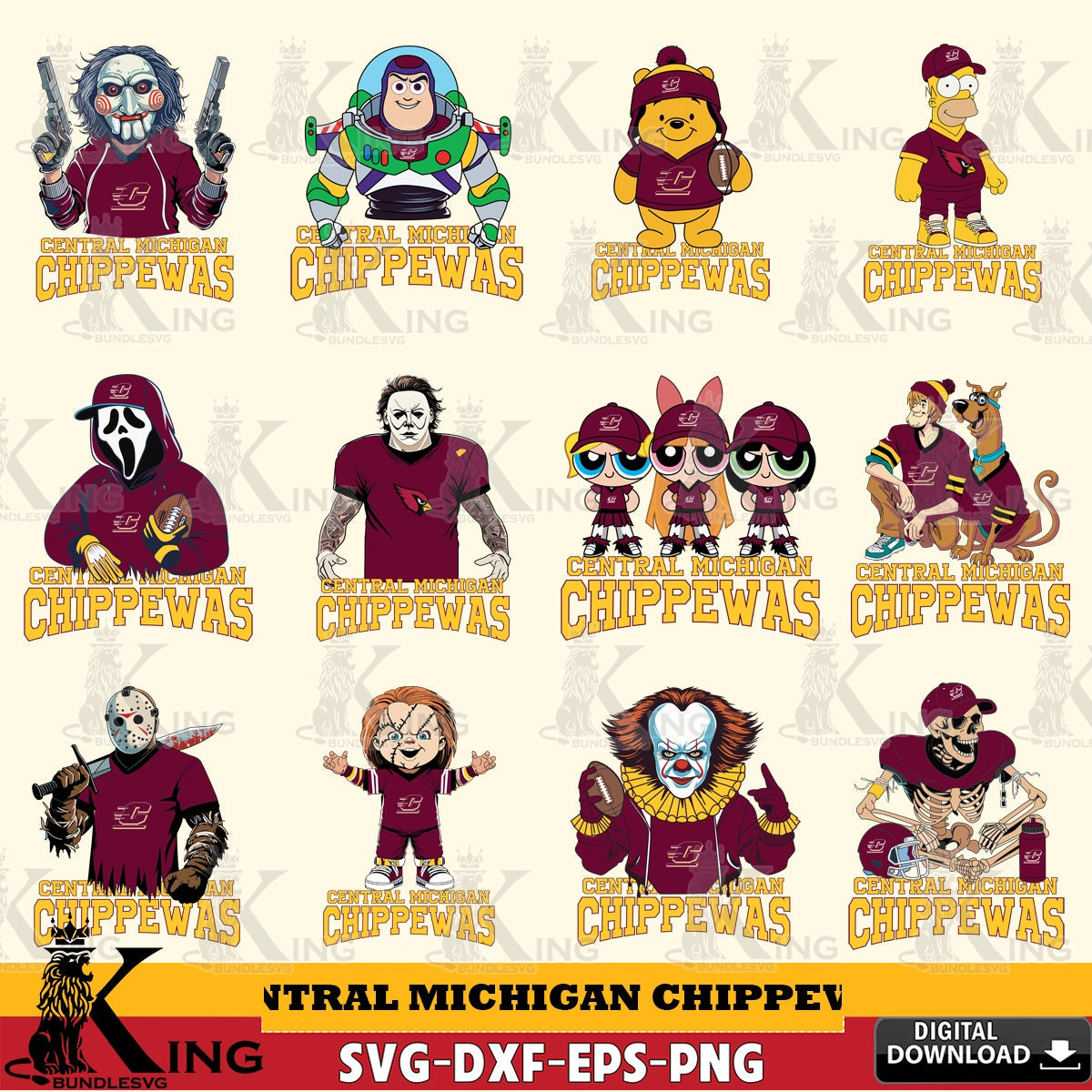 Ultimate set containing Central Michigan Chippewas cartoon football NCAA bundle SVG cut file for personalized gifts and laser