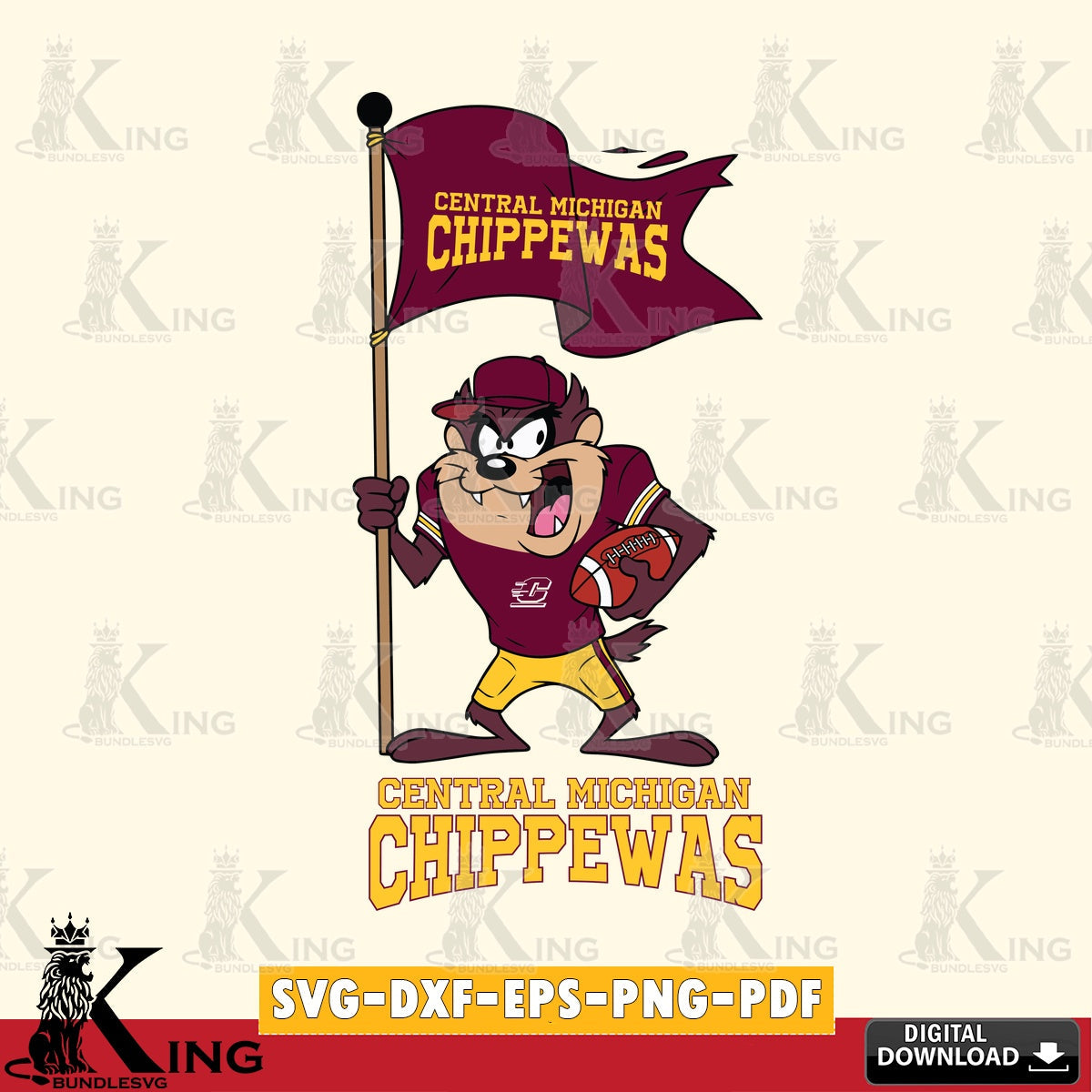 Central Michigan Chippewas Football Taz Flag Art SVG file, Cut file  , Digital Download , Instant Download, Taz svg, NCAA svg