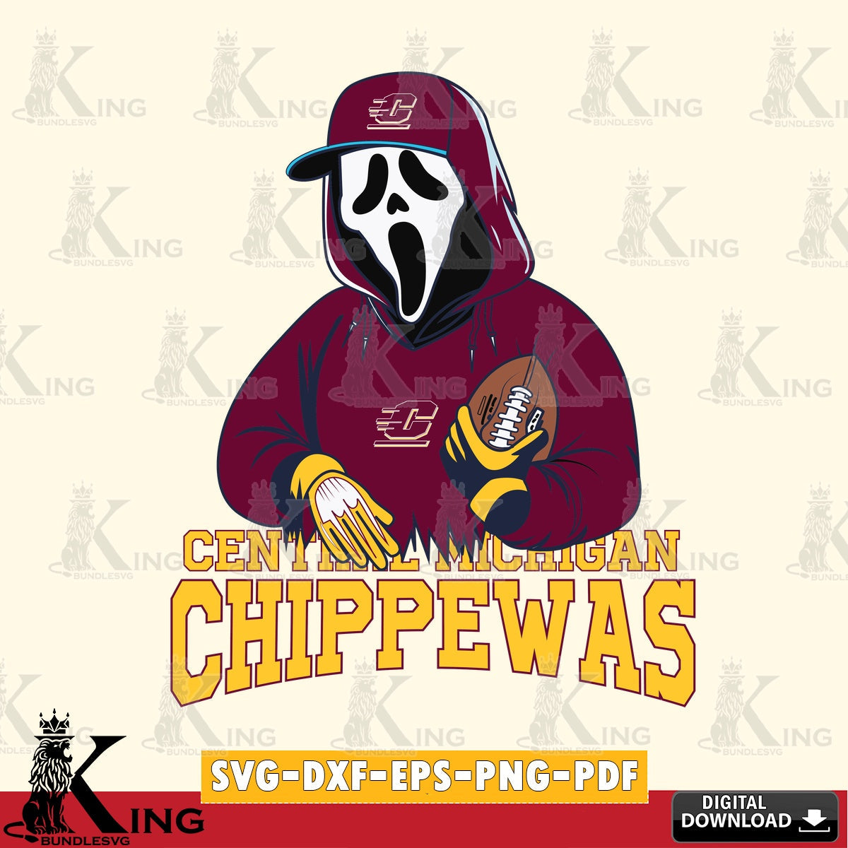 Eye-catching graphic of a Central Michigan Chippewas Ghostface Scream football player, a printable vector design for sublimation