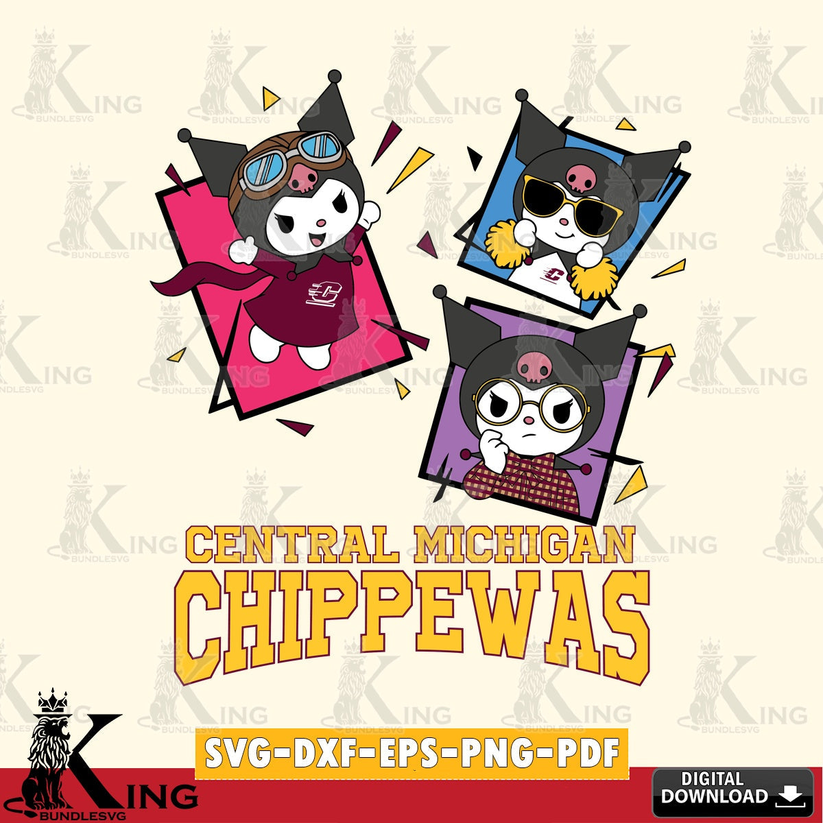 Central Michigan Chippewas Kuromi Action Football SVG file, Cricut, Cut file  , Digital Download , Instant Download, Sanrio svg, Clipart