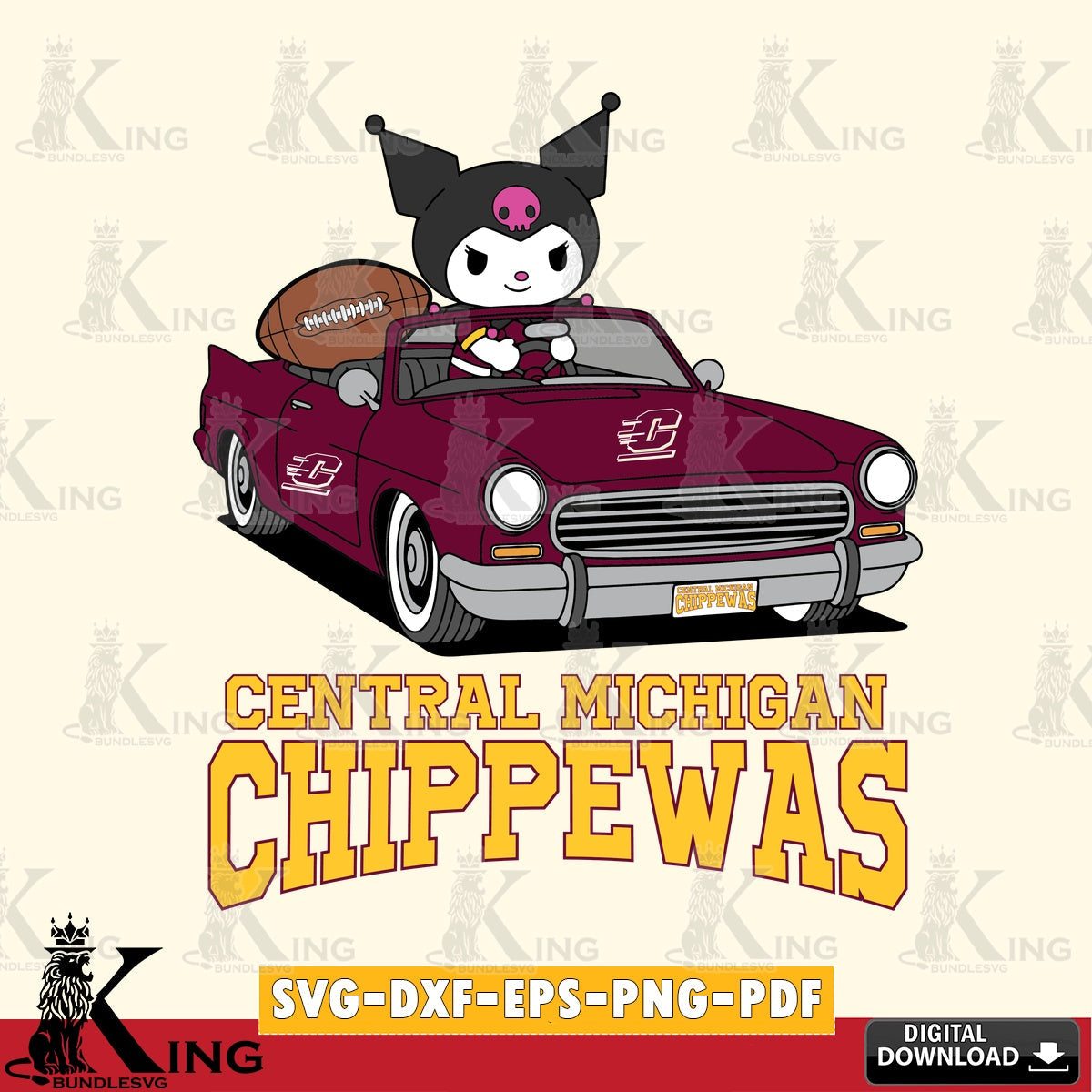 Central Michigan Chippewas Kuromi Car Football Game SVG file, Cricut, Cut file  , Digital Download , Instant Download, Sanrio svg, Clipart