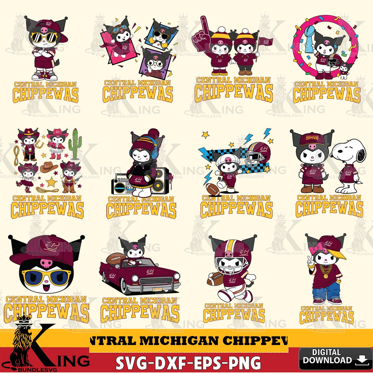 Central Michigan Chippewas Kuromi Football Jersey NCAA Bundle SVG file, Cricut, Cut file  , Digital Download , Instant Download, Sanrio svg, Clipart