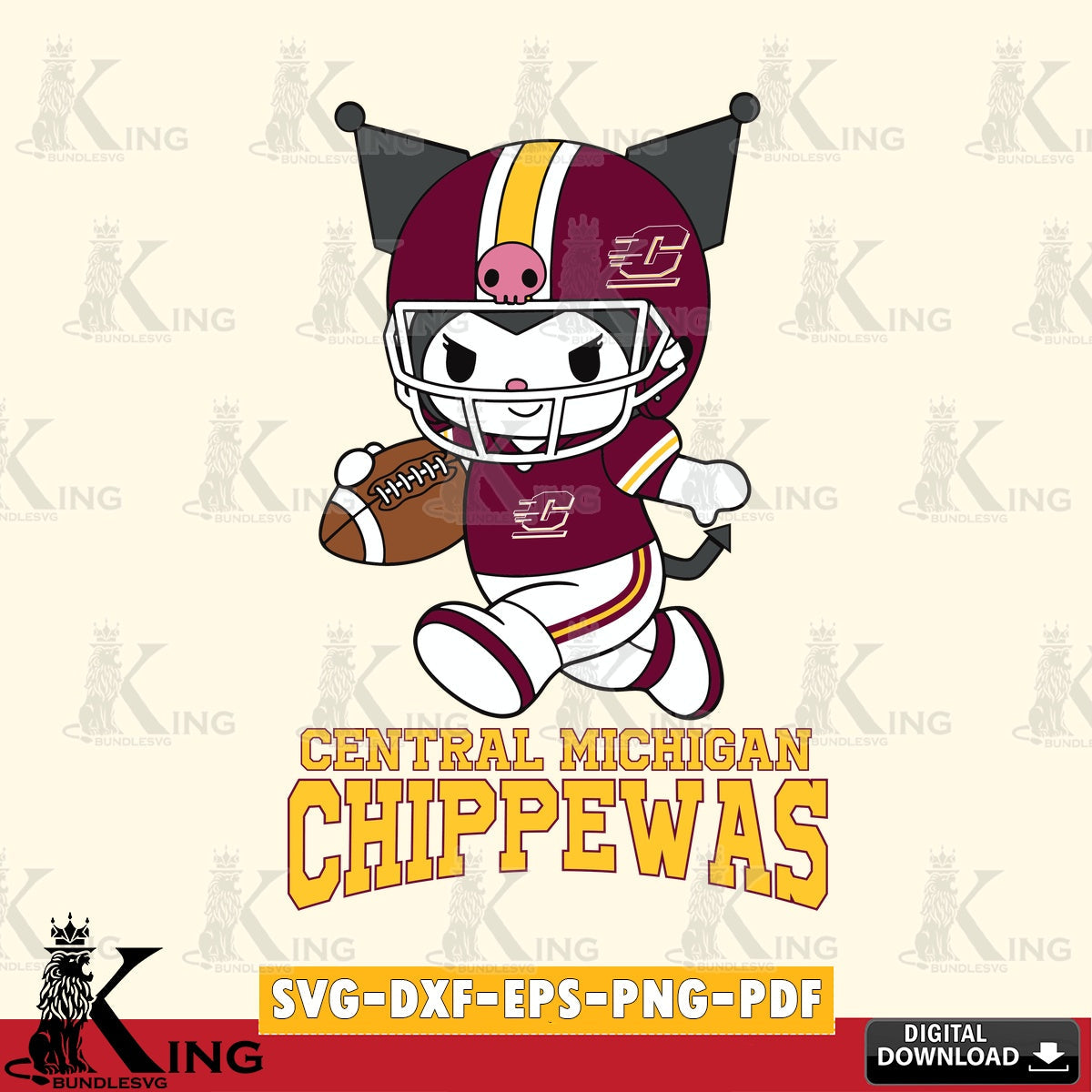 Central Michigan Chippewas Kuromi Football Run SVG file, Cricut, Cut file  , Digital Download , Instant Download, Sanrio svg, Clipart