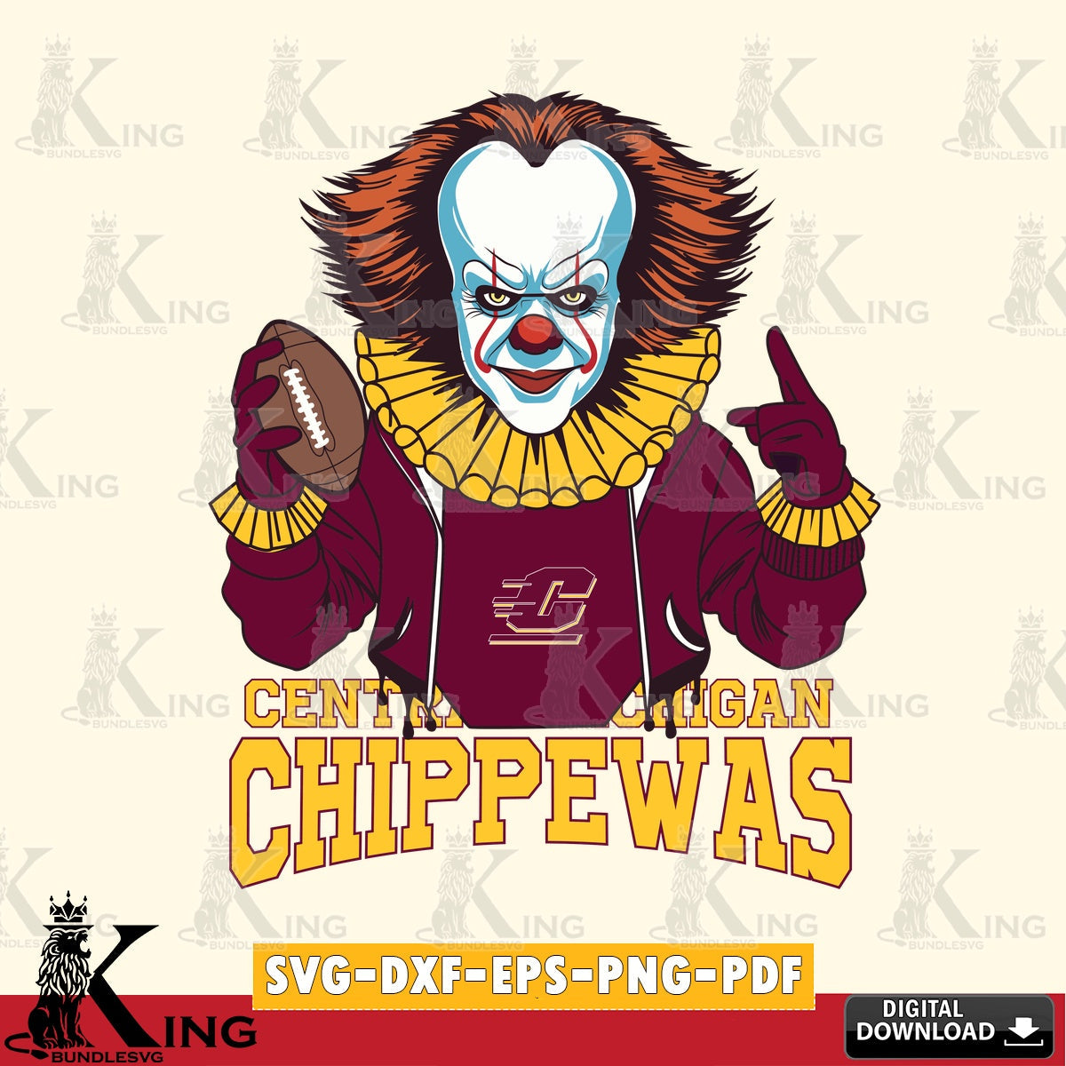 Artistic drawing of a Central Michigan Chippewas Pennywise football player, a digital file for silhouette cameo and cricut