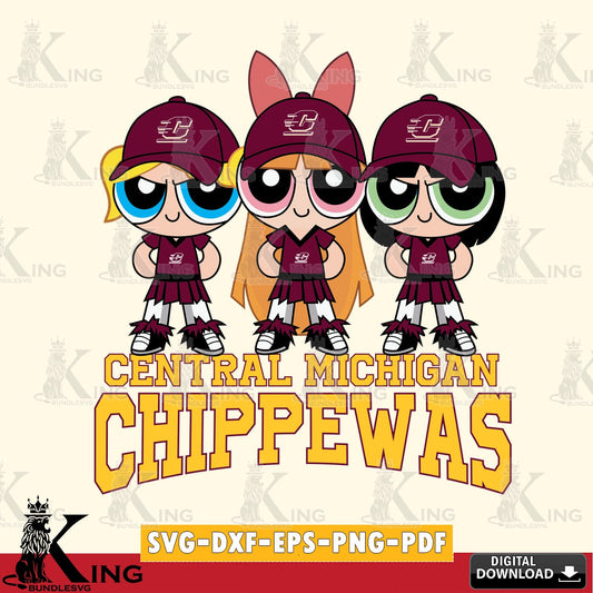 Printable art of Central Michigan Chippewas PowerPuff Girls football NCAA vector art for engraving, cutting, and printing