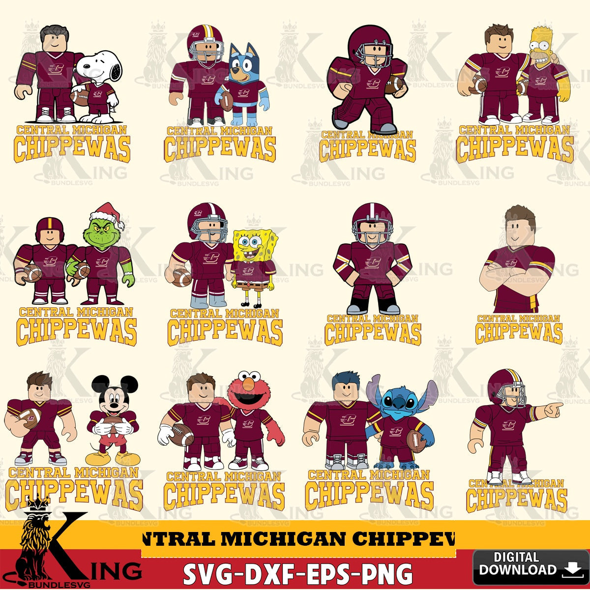 Complete bundle for Central Michigan Chippewas Roblox with Friends football NCAA vector art for engraving, cutting, and printing