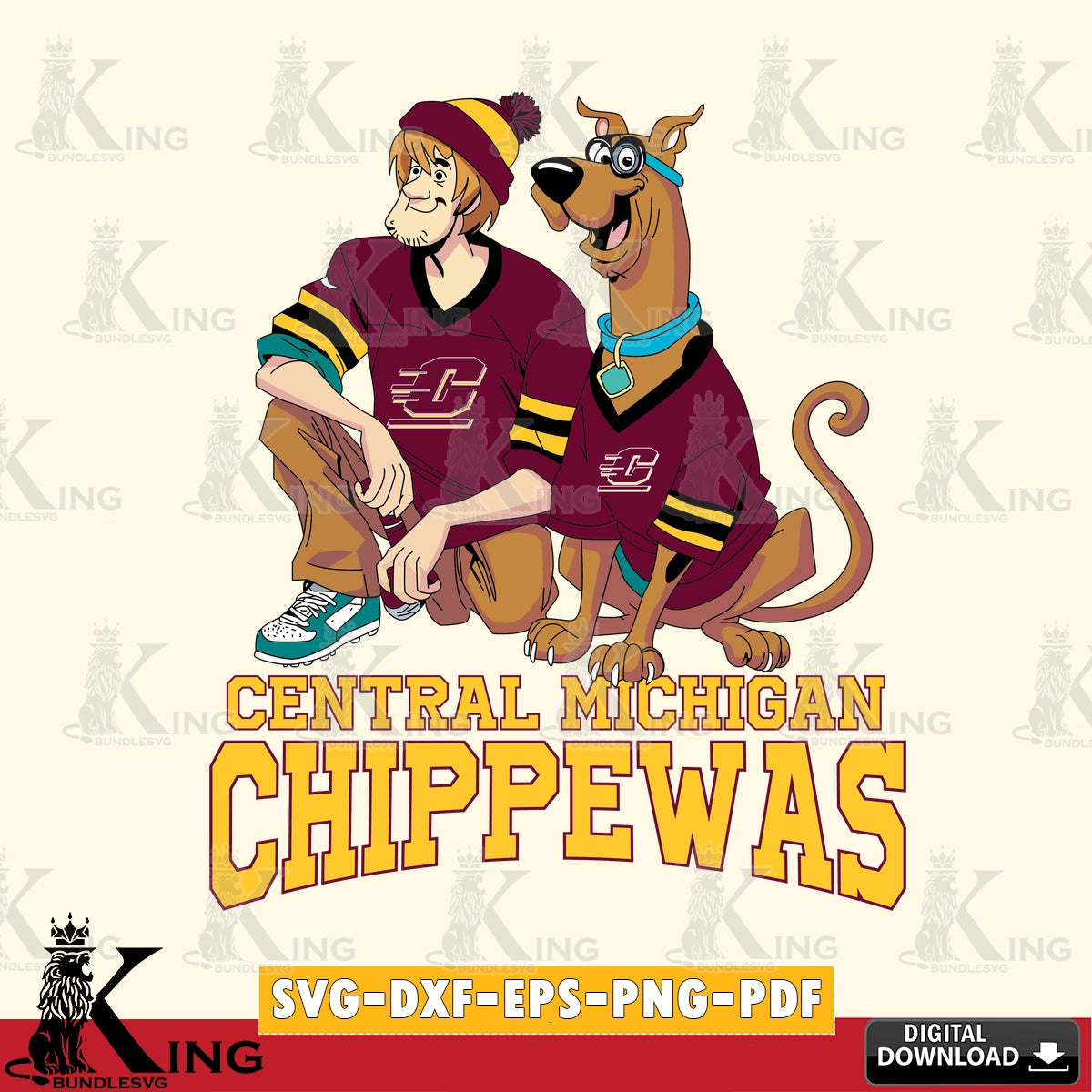 Printable art of Central Michigan Chippewas Shaggy and Scooby Doo football, a digital download for Cricut Maker and paper crafts.