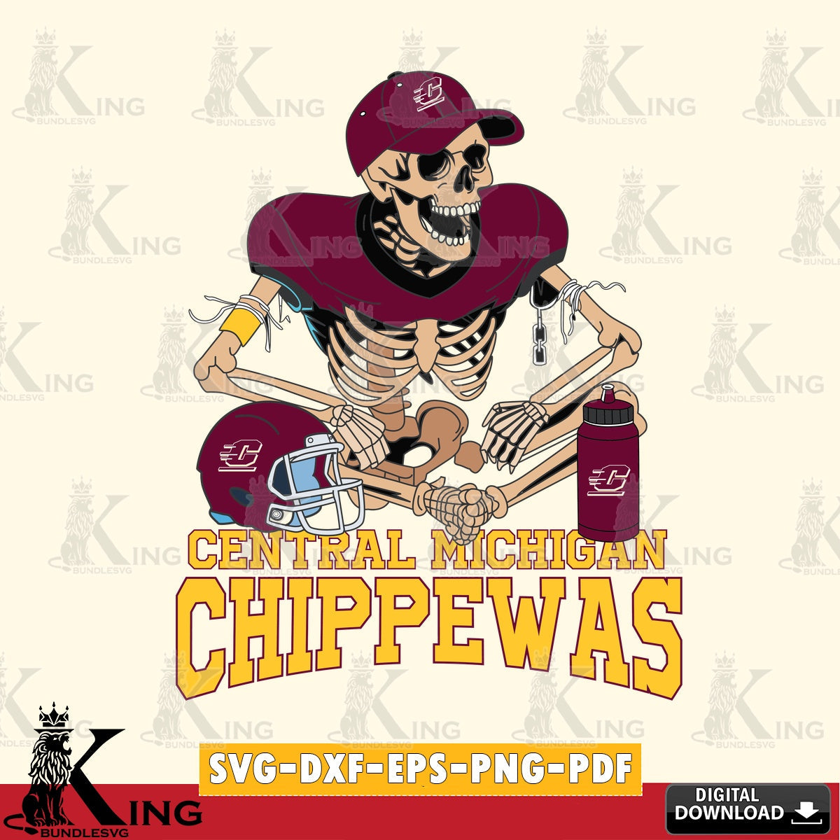 Hand-drawn style art of a Central Michigan Chippewas skeleton football player, printable vector design for sublimation and crafts