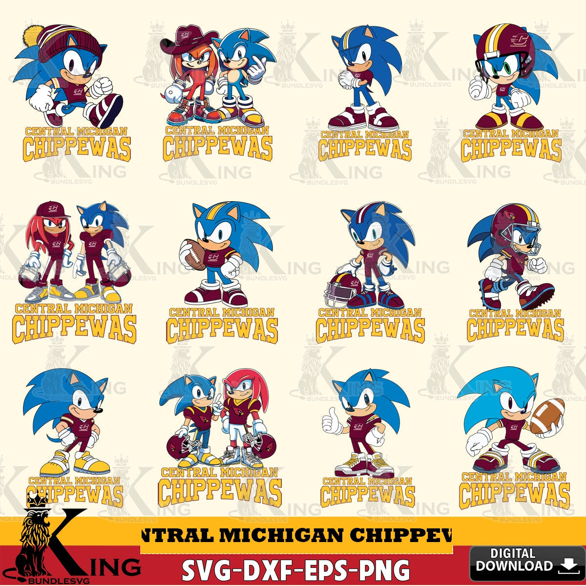 Premium pack containing Central Michigan Chippewas Sonic & Knuckles NCAA Football bundle, versatile clip art for stickers,