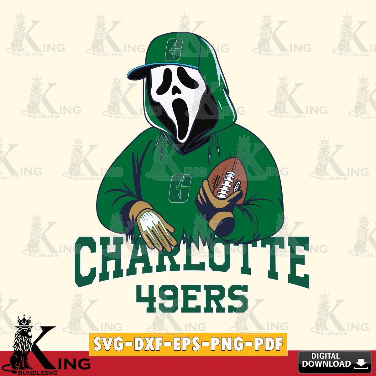 Custom design featuring Charlotte 49ers Ghostface Scream football player, a printable vector design for sublimation and crafts