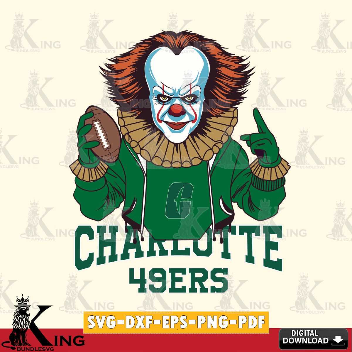 Modern graphic depicting Charlotte 49ers Pennywise football player, NCAA, vector illustration for POD merchandise and apparel